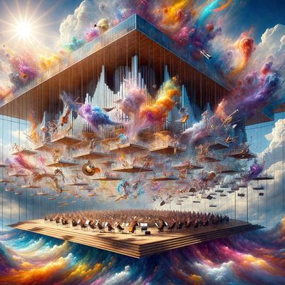 The primary subject of the image is a large, intricate model of a concert hall. The setting is a model of the inside of a concert hall, with a stage and a large audience. The visual style is a combination of digital art and illustration, creating a vibrant and detailed scene. The colors and mood are lively and energetic, with a focus on the concert hall's interior and the excitement of a live performance.